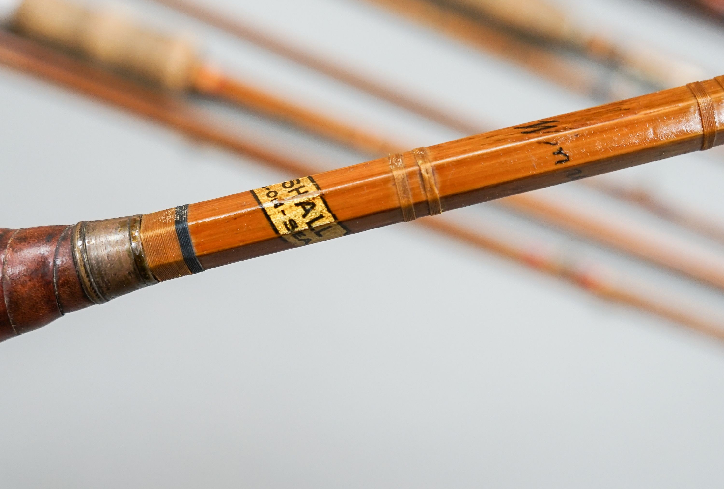 A collection of mixed split cane fishing rods, Les Compton, Elasticane, Carton-James and another (4)